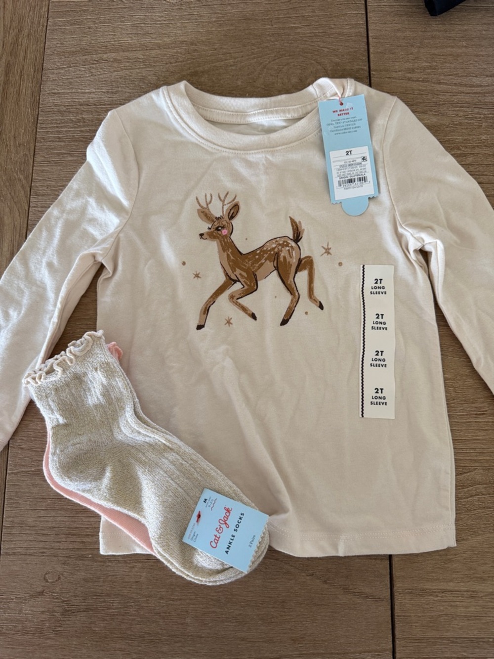 Toddler Deer Graphic Long Sleeve Tee and Socks Set - Cream